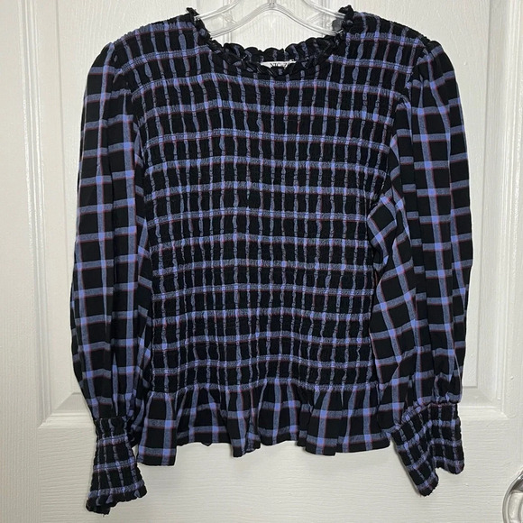 NIC+ZOE Twilight Plaid black and purple puff sleeve Smocked top | size medium - Picture 1 of 7